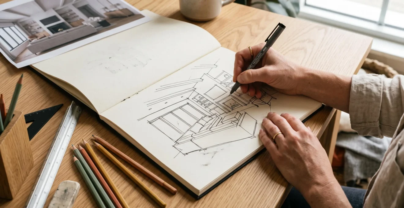 Mains d'une décoratrice réalisant un croquis de perspective d'un intérieur au feutre fin, entourée d'outils de dessin technique.