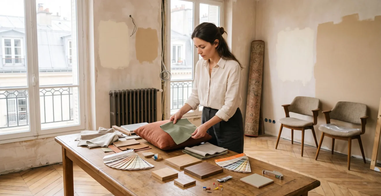 Une décoratrice d'intérieur compare des échantillons de tissus et de matériaux sur une table installée dans un salon en cours d'aménagement.