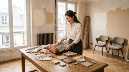 Une décoratrice d'intérieur compare des échantillons de tissus et de matériaux sur une table installée dans un salon en cours d'aménagement.