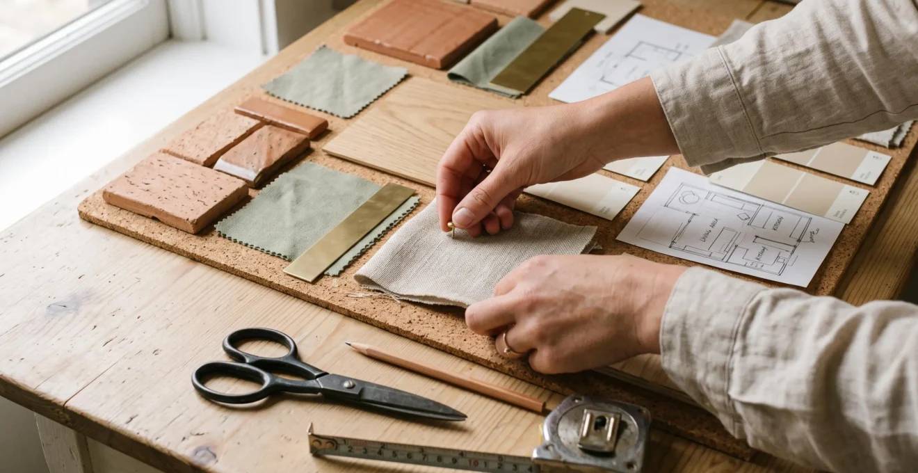 Gros plan sur des mains fixant des échantillons de tissus, de bois et de peinture sur un moodboard posé sur une table en bois.
